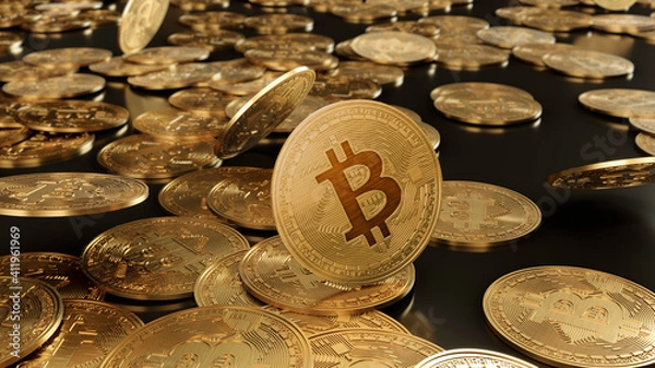 Fototapeta Crypto currency Gold Bitcoin, BTC, Bit Coin. Best shot of Bitcoins. Blockchain technology, bitcoin mining concept