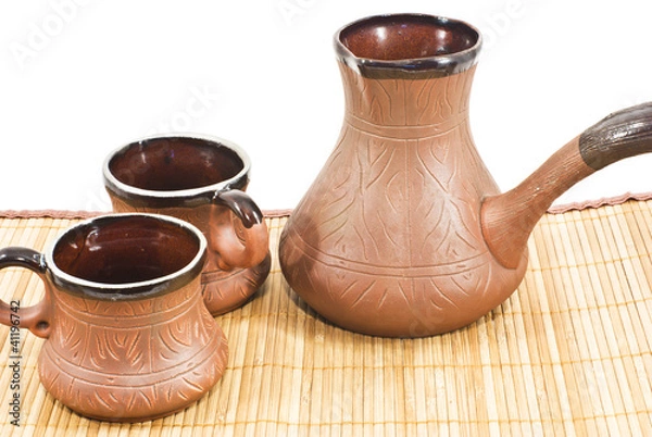 Obraz two brown ceramic coffee cup filled  and ceramic coffee maker