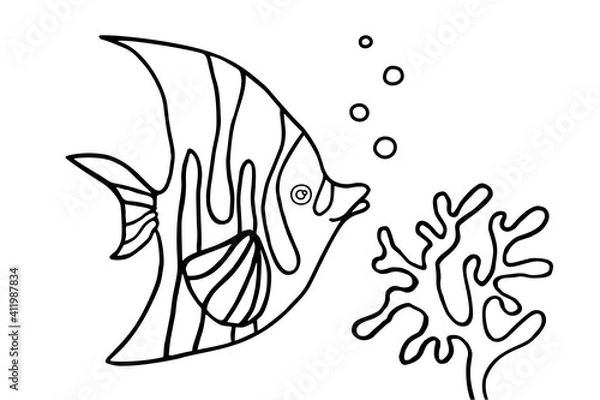 Fototapeta Fish and algae in the water. Aquarium. Can be used for coloring book for kids. Vector illustration.