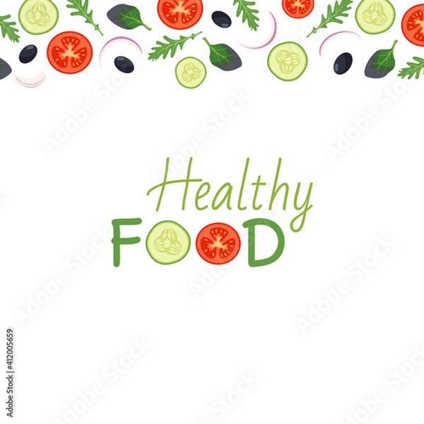 Fototapeta Vegetable round frame with tomatoes, cucumbers and spinach leaves, arugula on a dark background