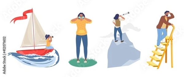 Fototapeta People looking to the future through telescope, binoculars while floating on boat, standing on mountain top, ladder, flat vector illustration. Future vision, business career, leadership.
