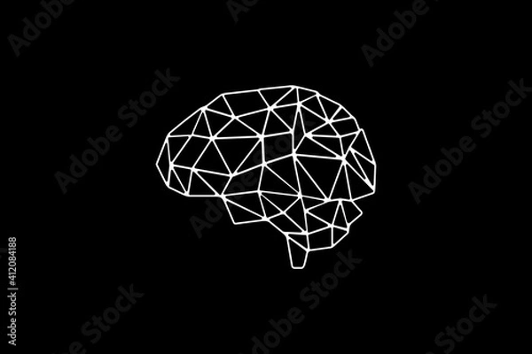 Fototapeta Triangle Geometry Human active Brain wireframe. 3D Illustration. Side View of Human Brain White Wireframe.