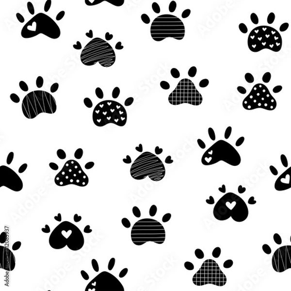 Fototapeta Paw print repeating seamless pattern. Silhouette dog paw. Doodle style. Vector illustration.