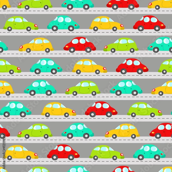 Fototapeta Seamless pattern with cute cars on blue background. Cartoot transport. Vector illustration. Doodle style. Design for baby print, invitation, poster, card, fabric, textile