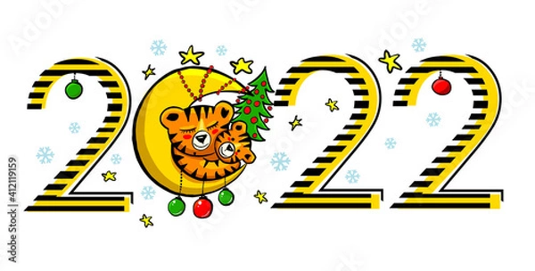 Fototapeta Year 2022. The Year of the Tiger. Cheerful childish drawing. Cute tiger. Vector illustration