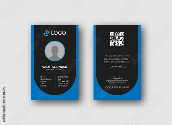 Obraz Modern ID Card Template with an author photo place | Office Id Card Layout blue and black Background | Employee Id Card for Your Business or Company