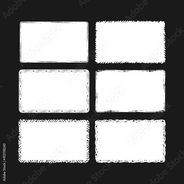 Obraz Rough borders set.Rectangular grunge turn box frames. Vector isolated chalk background. 