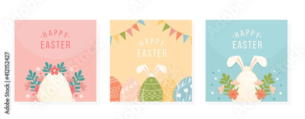 Fototapeta Collection of Happy Easter greeting cards. Set of posters for Holiday. Decorated Egg with various ornaments, Blooming Spring Flowers, Leaves and Bunny Rabbit Ears. Template Design. Vector illustration