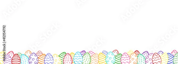 Obraz Chalk Easter egg background. Children drawing eggs hunt hand drawn wax crayons art on white. Crayon style funny eggs banner. Color oil pastel crayons freehand drawn eggs border.Easter symbols frame.
