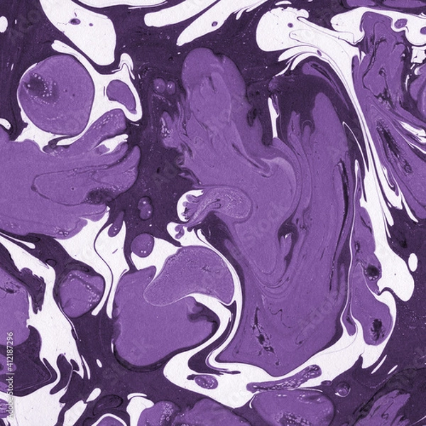 Fototapeta Pink and purple marble ink texture on watercolor paper background. Marble stone image. Bath bomb effect. Psychedelic biomorphic art.