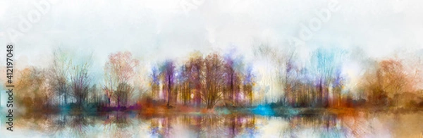 Obraz Ilustracja malarska kolorowa jesień, sezon letni natura tło. Abstrakcyjny obraz lasu, drzewa z żółtymi, czerwonymi liśćmi, niebieską chmurą na niebie i jeziorem z farbą akwarelową. Krajobraz na świeżym powietrzu
