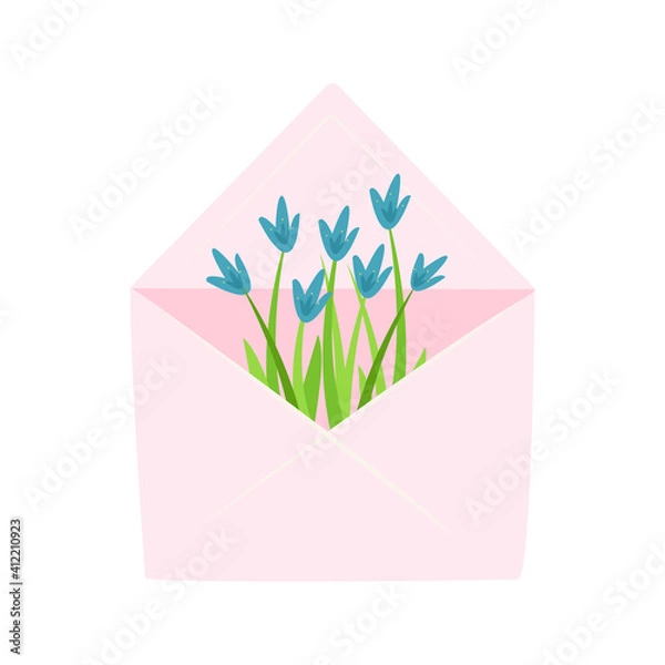 Obraz Pink open envelope with flowers. Cute stock vector illustration in shabi chic style, simple cartoon style. Mailing list design element. Isolate on white background.