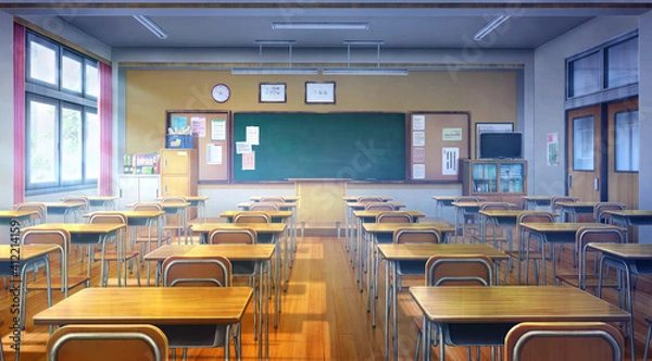Obraz Classroom - Day , 2D Anime background , Illustration.