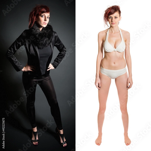 Fototapeta Two full length portraits of a beautiful young woman wearing black clothes and a white bikini in front of dark and bright studio background