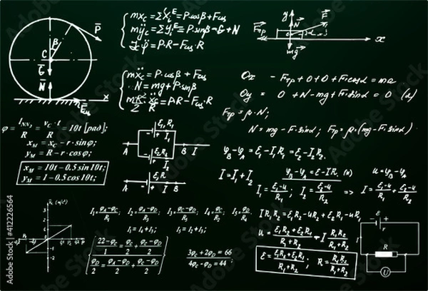 Fototapeta Chalk scribbles on a physical blackboard. Chalkboard, formulas, figures, and physics. The concept of education. Vector illustrations can be used to return to the school topic, physics, natural science