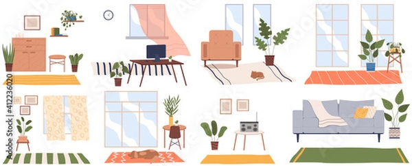 Fototapeta Set of eight scenes of home interior. Cozy place of the room near window with chairs, table, sofa, plant in a pot. Living room with a place for relax and family gatherings. Apartment room furniture