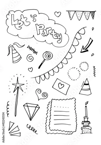 Fototapeta Hand drawn, doodle party set isolated on pink background.Sketch icons for invitation, flyer, poster.
