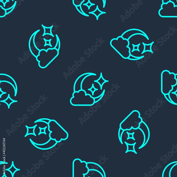 Obraz Green line Cloud with moon icon isolated seamless pattern on blue background. Cloudy night sign. Sleep dreams symbol. Night or bed time sign. Vector.