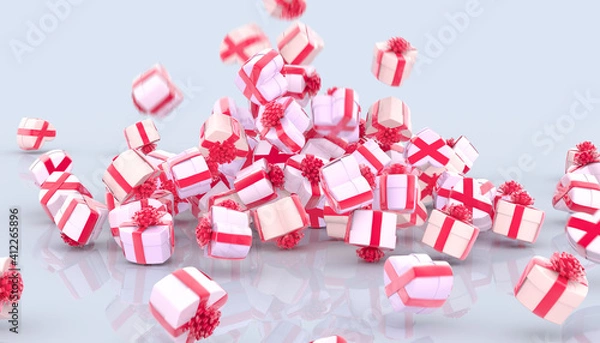 Obraz Falling hearts gift boxes with red bows and ribbons on gray background