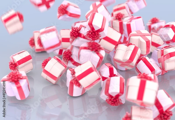 Obraz Falling hearts gift boxes with red bows and ribbons on gray background