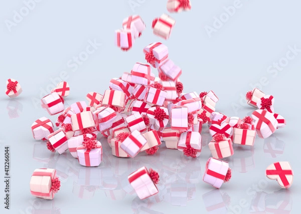 Obraz Falling hearts gift boxes with red bows and ribbons on gray background, 3d illustration