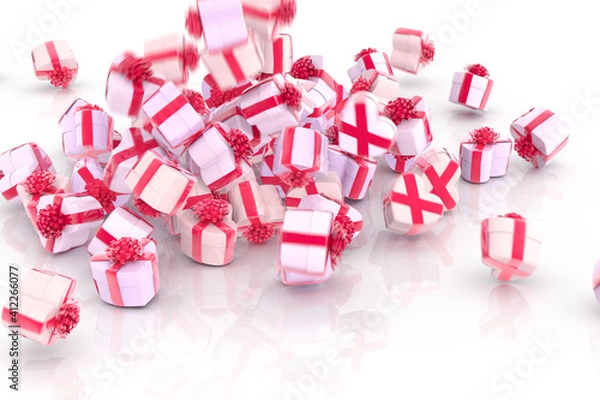 Obraz Falling hearts gift boxes isolated on white background, 3d rendering