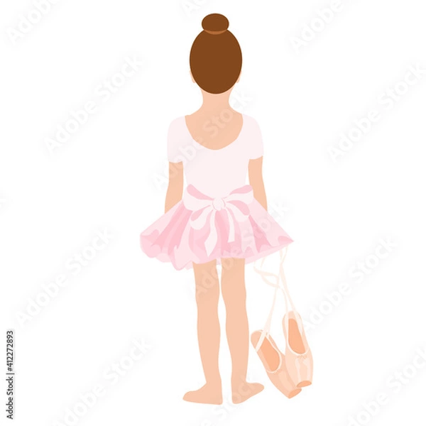 Obraz Small ballerina girl in pink tutu with pointe shoes, back view, theatre, posing, vector ballet