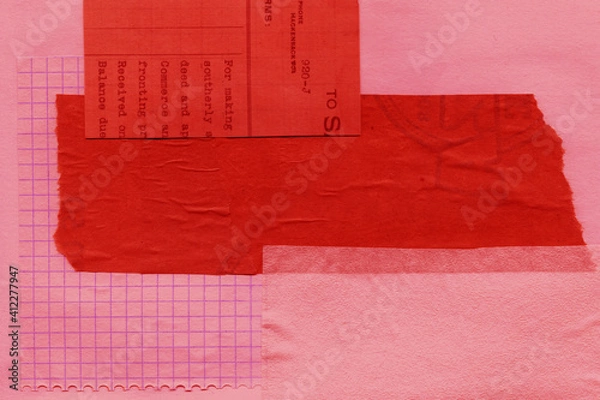 Fototapeta Red and brown torn paper collage close-up. Texture made from various paper and cardboard parts. Damaged old paper background. Vintage blank wallpaper. Material design backdrop.