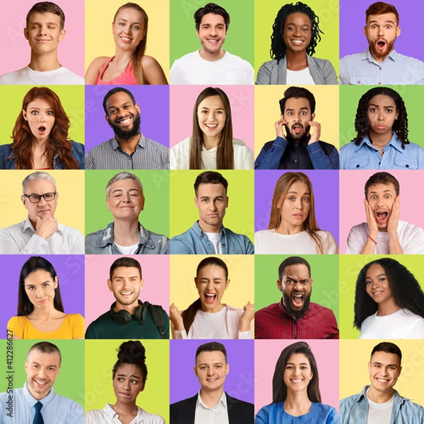 Fototapeta Collage of diverse people expressing different emotions, mosaic set