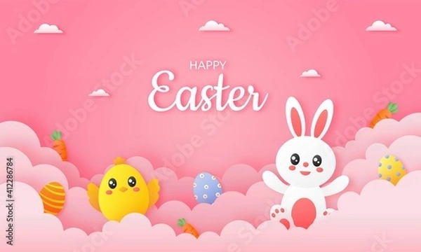 Fototapeta happy easter day on pink sky background. paper art style. vector Illustration.