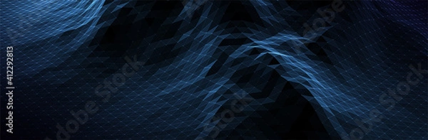 Obraz Abstract Blue Background. Dark low poly triangle pattern. Virtual computer Landscape. Technology style. Sci-fi surface. Banner or presentation template. Vector illustration