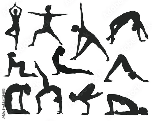 Obraz vector set of yoga pilates poses in black on white background
