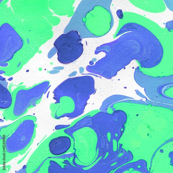 Fototapeta Colorful marble ink texture on watercolor paper background. Marble stone image. Bath bomb effect. Psychedelic biomorphic art.