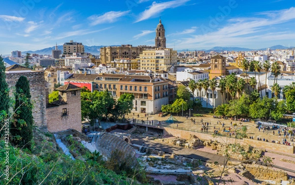 Fototapeta View on Malaga in Andalucia (Spain) from the Alcazaba mirador. We cann the cathedral, the palm trees and the historic center