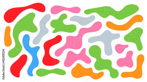 Fototapeta Color irregular blob, set of abstract organic shapes. Abstract irregular random blobs. Simple liquid amorphous splodge. Orange blue liquid shapes. Trendy minimal designs for presentations, banners