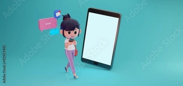 Fototapeta 3D render illustration of cute teenager girl character using smartphone while walking with many message icons and giant mobile phone