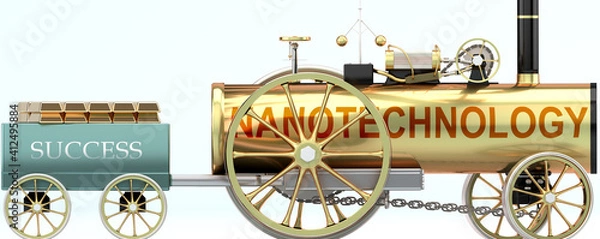 Fototapeta Nanotechnology and success - symbolized by a steam car pulling a success wagon loaded with gold bars to show that Nanotechnology is essential for prosperity and success in life, 3d illustration