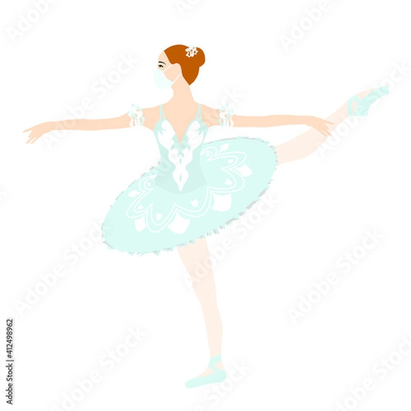 Obraz Ballerina qurantine, coronavirus, in white medical face mask. Sport exercise, ballet pose. Vector isolated painting art