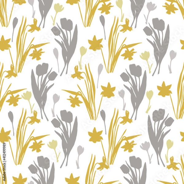 Fototapeta Vector yellow and grey spring flower silhouettes repeat pattern background