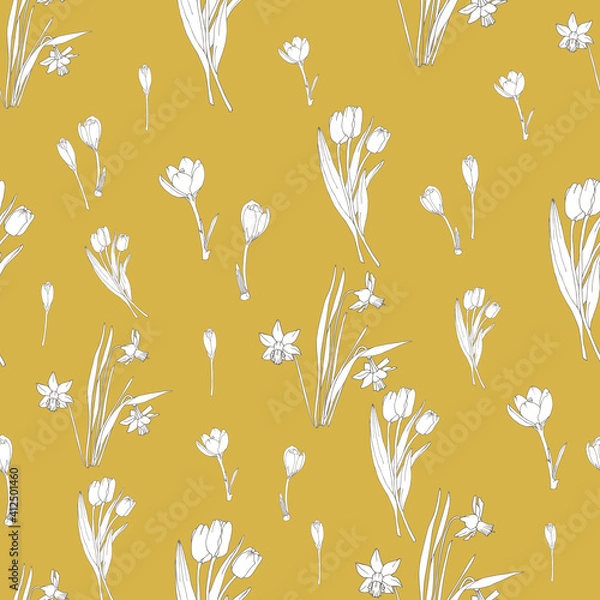 Fototapeta Vector white spring flowers repeat pattern background