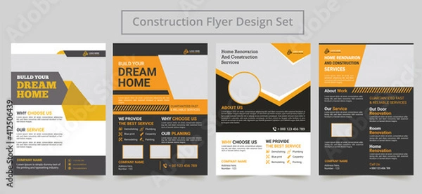 Fototapeta Set of Construction Flyer Template. Flyer Design Set. Construction Flyer Layout with Orange Accents and Graphic Icons.