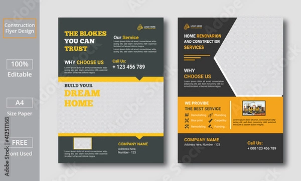 Fototapeta Illustration of a set of design templates for a corporate business construction company. Construction Renovation Flyer Template.