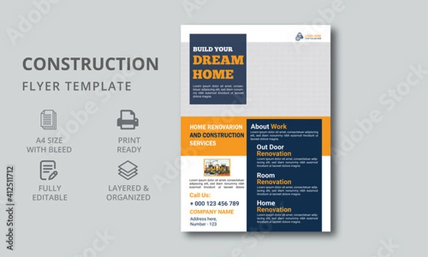 Obraz Construction Flyer Layout design. Template design elements construction company. a4 flyer template.