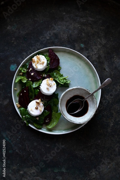 Fototapeta Beetroot Salad with spinach goat cheese and various nuts