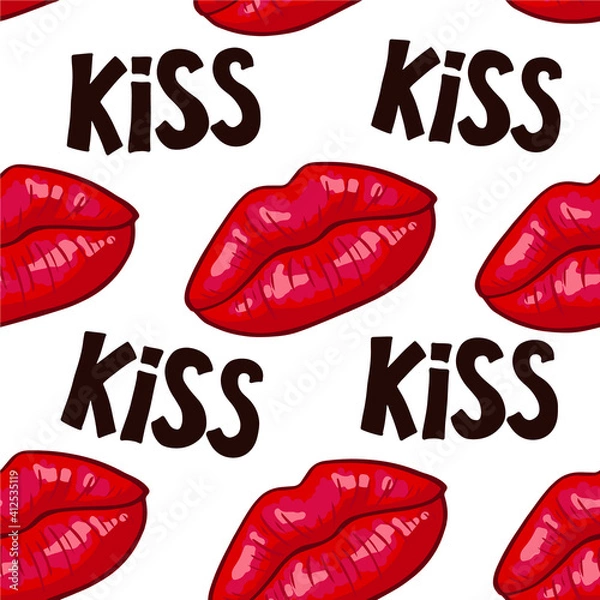 Obraz Lips seamless pattern on white background. Sexy red kiss, makeup. Vector illustration. Colorful cartoon style. Desing for textile, clothes.