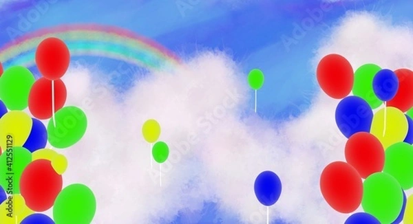 Obraz 沢山の風船と夏の虹