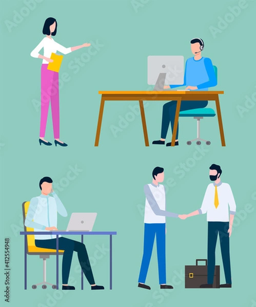Obraz People working in office vector, man sitting by table with laptop and info, lady secretary holding stack of papers documentation, working programmer set