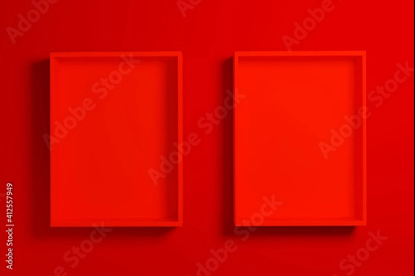 Fototapeta Red box or tray mockup for product presentation on red background, 3d render.