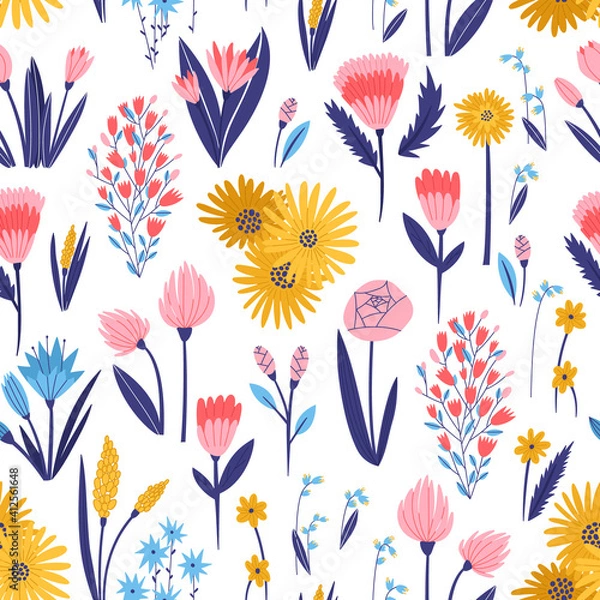 Fototapeta Seamless pattern of tulip, rose, aster, calendula and other colorful flowers. Hand drawn illustration in doodle style. Isolated in white background for fabric, wallpaper and another print design.