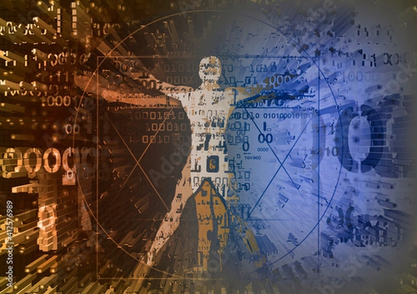Fototapeta Vitruvian man in explosion of computer data, science and technology concept.
Futuristic expressive Illustration of vitruvian man with a binary codes symbolized digital age.